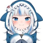  1girl amashiro_natsuki animal_hood bangs bloop_(gawr_gura) blue_eyes blue_hair blue_headwear blunt_bangs closed_mouth commentary face fangs gawr_gura hololive hololive_english hood hood_up long_hair long_sleeves looking_at_viewer multicolored_hair open_mouth paw_pose simple_background sleeves_past_fingers sleeves_past_wrists smile solo streaked_hair upper_body virtual_youtuber white_background 