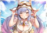  1girl animal_ears bangs bell blue_hair blush breasts brown_eyes cleavage collarbone cow_ears cow_girl cow_horns draph ear_piercing eyebrows_visible_through_hair goggles goggles_on_head gradient_hair granblue_fantasy hair_between_eyes horns jewelry large_breasts long_hair looking_at_viewer multicolored_hair open_mouth piercing pilokey pointy_ears purple_hair ring shatola_(granblue_fantasy) solo swimsuit twintails very_long_hair 