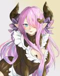  1girl absurdres apron bmyoshikun123 bow braid braided_ponytail breasts chocolate chocolate_drip chocolate_on_breasts clothing_cutout dress frilled_apron frills granblue_fantasy heart_cutout highres horns large_breasts long_hair looking_at_viewer narmaya_(granblue_fantasy) pink_hair pointy_ears purple_bow solo sweater sweater_dress tongue tongue_out turtleneck turtleneck_sweater very_long_hair 