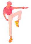  1boy belt food highres kk724 leg_up original pants pink_hair pink_shirt pink_theme popsicle profile sandals shirt shirt_tucked_in short_hair short_sleeves signature simple_background solo striped striped_shirt watermelon_bar white_background white_pants yellow_footwear 