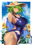  1girl absurdres breasts cloud dark-skinned_female dark_skin flower green_hair groin hat highres hose huge_breasts kazami_yuuka open_clothes open_shirt red_eyes shiny_swimsuit sinkai sky solo summer sun_hat sunflower sunlight sweat swimsuit tan tanline_peek tanlines torn_clothes torn_swimsuit touhou water wet 