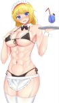  1girl abs absurdres alice_margatroid alternate_costume bangs bikini black_bikini black_bow black_neckwear blonde_hair blue_eyes blush bow bowtie breasts cocktail commentary_request cookie_(touhou) cowboy_shot detached_collar drinking_straw enmaided garter_straps highres holding holding_tray ikikiksgiksg large_breasts looking_at_viewer maid maid_bikini maid_headdress muscular muscular_female open_mouth sakuranbou_(cookie) short_hair side-tie_bikini simple_background solo swimsuit thighhighs touhou tray white_background white_legwear wrist_cuffs 