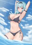  1girl absurdres armpits arms_up beach bikini black_bikini blue_hair blue_sky breasts cleavage eula_(genshin_impact) genshin_impact hairband highres large_breasts looking_at_viewer ocean parfait_ehmy partially_submerged sky swimsuit thighs wet 
