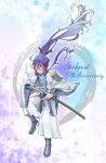  1boy anniversary blue_background blue_bodysuit bodysuit character_name closed_eyes commentary floating_hair floral_background full_body hair_ornament hair_stick headphones high_heels highres kamui_gakupo katana long_hair male_focus ponytail purple_background purple_hair samurai sheath sheathed shigure_(sgr0) shoulder_pads smile solo sword two-tone_background unsheathing very_long_hair vocaloid weapon white_robe 