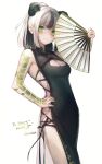  1girl :3 animal_ears arm_tattoo bare_arms bare_shoulders black_dress black_hair breasts china_dress chinese_clothes cleavage cleavage_cutout clothing_cutout commission cowboy_shot dress ear_piercing extra_ears folding_fan green_eyes hand_fan hand_on_hip highres holding jeon_yoa long_hair looking_at_viewer medium_breasts multicolored_hair original panda_ears pelvic_curtain piercing ponytail second-party_source sideless_outfit sidelocks simple_background skeb_commission sleeveless sleeveless_dress smile solo standing tattoo thighs two-tone_hair white_background white_hair 
