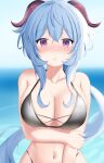  1girl absurdres bangs bare_shoulders bikini black_bikini blue_hair blurry blurry_background breasts cleavage day ganyu_(genshin_impact) genshin_impact goat_horns hair_intakes hand_on_own_arm highres horizon horns large_breasts long_hair looking_at_viewer navel ocean outdoors parted_lips solo swimsuit upper_body very_long_hair water zim-o_(2cy520) 