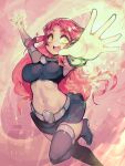  1girl :d armpits boots breasts green_eyes highres impossible_clothes large_breasts long_hair midriff navel open_mouth parororo purple_legwear purple_skirt red_hair skirt smile solo starfire teen_titans thigh_boots thighhighs vambraces 
