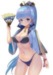  1girl bangs blue_eyes blue_hair blunt_bangs bow breasts cleavage collarbone commentary_request eyebrows_visible_through_hair folding_fan genshin_impact hair_bow hair_ornament hair_ribbon hand_fan highres holding holding_fan kamisato_ayaka long_hair looking_at_viewer mg42cat-k1ng midriff mole mole_under_eye navel ponytail ribbon sidelocks simple_background smile solo tress_ribbon white_background 