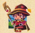  1girl bandaged_leg bandages bangs belt black_cape black_choker black_legwear blush_stickers boots brown_background brown_belt brown_hair buckle cape chibi choker commentary dress hat hill holding holding_staff isekai_quartet kono_subarashii_sekai_ni_shukufuku_wo! mage_staff megumin outside_border red_dress red_eyes red_footwear short_hair short_hair_with_long_locks single_thighhigh sky smile smug solo staff texture thighhighs witch_hat yuuku 