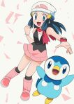  1girl :d beanie blue_eyes blue_hair blush boots bracelet clenched_hand commentary dawn_(pokemon) eyelashes floating_hair gen_4_pokemon hainchu hat highres jewelry kneehighs long_hair looking_at_viewer open_mouth outstretched_arm pink_footwear pink_skirt piplup pokemon pokemon_(anime) pokemon_(creature) pokemon_dppt_(anime) scarf shirt skirt sleeveless sleeveless_shirt smile tongue white_headwear 