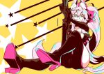  1girl animal_ear_fluff animal_ears bangs black_bodysuit blush bodysuit bow breasts center_opening choker fate/grand_order fate_(series) fox_ears fox_girl fox_tail glasses gun hair_between_eyes hair_bow high_heels hip_vent koyanskaya_(fate) large_breasts legs licking_lips long_hair looking_at_viewer looking_to_the_side pink_bow pink_hair ponytail rifle shiromantou sidelocks sitting smile sniper_rifle solo starry_background tail tamamo_(fate) tongue tongue_out weapon yellow_background yellow_eyes 