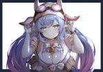  1girl animal_ears bangs bell blue_hair breasts cleavage collarbone cow_ears cow_girl cow_horns draph ear_piercing empty_eyes eyebrows_visible_through_hair goggles goggles_on_head gradient_hair granblue_fantasy grin hair_between_eyes horns jewelry large_breasts long_hair looking_at_viewer multicolored_hair pale_skin piercing pilokey pointy_ears purple_hair ring shatola_(granblue_fantasy) smile solo swimsuit twintails very_long_hair 