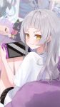  &gt;:) 1girl absurdres blush character_doll from_behind hair_down handheld_game_console highres hiraki_noboru holding holding_handheld_game_console hololive long_hair looking_at_viewer looking_back murasaki_shion nintendo_switch short_eyebrows silver_hair sitting smile smug solo straight_hair v-shaped_eyebrows virtual_youtuber yellow_eyes 