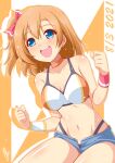  1girl absurdres bangs bikini birthday blue_eyes bunji choker clenched_hands collarbone commentary dated eyebrows_visible_through_hair hair_ribbon highres kousaka_honoka love_live! love_live!_school_idol_project medium_hair one_side_up orange_hair ribbon shiny shiny_skin short_shorts shorts sidelocks signature solo swimsuit wristband 