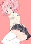  1girl arm_support arms_at_sides black_skirt blush closed_mouth hair_ribbon highres juliet_sleeves kaname_madoka long_sleeves looking_at_viewer lying mahou_shoujo_madoka_magica mitakihara_school_uniform on_side panties panties_day pantyshot pink_background pink_eyes pink_hair puffy_sleeves ribbon school_uniform short_twintails simple_background skirt solo tagme thighhighs tsubaki_(tatajd) twintails underwear white_legwear white_panties 