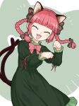  1girl animal_ears bangs black_bow blunt_bangs blush bow bowtie braid cat_ears cat_tail clenched_hands closed_eyes dress extra_ears fang green_background green_dress hair_bow hands_up kaenbyou_rin long_hair long_sleeves multiple_tails oninamako open_mouth paw_pose red_hair red_neckwear smile solo tail touhou twin_braids twintails two_tails 