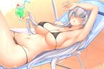  1girl anastasia_(fate) arm_up armpits bare_shoulders bikini black_bikini blue_eyes blush breasts cocktail eyebrows_visible_through_hair fate/grand_order fate_(series) hair_between_eyes hair_ornament hot large_breasts long_hair looking_at_viewer micro_bikini navel open_mouth signature silver_hair simple_background solo summer sweat sweatdrop swimsuit thighhighs tokito_yu 