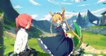  2girls absurdres arms_behind_back bangs black_dress black_pants blue_sky cloud commentary_request day dragon_horns dragon_tail dress eyebrows_visible_through_hair fang field glasses grass highres horns kobayashi-san_chi_no_maidragon kobayashi_(maidragon) leaves_in_wind long_hair long_sleeves looking_at_another maid maid_headdress mountain multiple_girls necktie open_mouth orange_eyes orange_hair outdoors pants petticoat ponytail ppchen red_hair red_neckwear shirt sitting skin_fang sky slit_pupils smile standing tail tohru_(maidragon) twintails white_shirt 