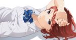  1girl arm_on_head blurry brown_eyes depth_of_field looking_at_viewer lying mattaku_mousuke on_back original parted_lips red_hair school_uniform solo watermark white_background 
