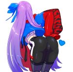  1girl ass back bent_over blue_ribbon english_commentary fate/extra fate/extra_ccc fate/grand_order fate_(series) greaves hair_ribbon heart heroic_spirit_tour_outfit highres jacket long_hair meltryllis_(fate) purple_hair ribbon simple_background sleeveless solo tenk very_long_hair white_background 