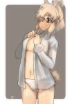  1girl :/ alpaca_ears alpaca_suri_(kemono_friends) alpaca_tail animal_ear_fluff animal_ears bangs blonde_hair blue_eyes breasts commentary cowboy_shot dress_shirt dressing extra_ears eyebrows_visible_through_hair fur-trimmed_sleeves fur_trim grey_background hair_over_one_eye highres horizontal_pupils kemono_friends large_breasts long_sleeves looking_away medium_hair navel no_bra no_pants open_clothes open_shirt panties panties_day see-through shirt simple_background solo tail thin_(suzuneya) underwear white_panties white_shirt 