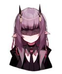  1girl absurdres arknights bangs beudelb blush braid demon_horns ears_down eye_mask eyebrows_visible_through_hair highres horn_ornament horns jacket lava_(arknights) lava_the_purgatory_(arknights) long_hair necktie open_clothes open_jacket pointy_ears purple_hair simple_background solo upper_body white_background 