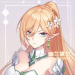  1girl armor bangs bare_shoulders bianka_durandal_ataegina bianka_durandal_ataegina_(bright_knight:_excelsis) blue_eyes braid breasts cleavage closed_mouth earrings flower hair_between_eyes hair_flower hair_ornament honkai_(series) honkai_impact_3rd jewelry long_hair looking_at_viewer pointy_ears ponytail portrait que_meng_meng solo v-shaped_eyebrows white_flower 
