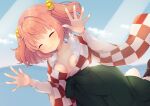  1girl bell breasts checkered checkered_kimono closed_mouth cloud collarbone commission eyebrows_visible_through_hair hair_bell hair_ornament hands_up japanese_clothes kimono long_sleeves motoori_kosuzu nipples open_clothes open_shirt red_hair sen1986 skeb_commission small_breasts solo touhou two_side_up wide_sleeves 