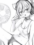  1girl animal_ears bare_arms bare_shoulders blush breasts cat_ears cleavage covered_nipples cropped_shirt earphones electric_fan fingernails food greyscale highres hot looking_at_viewer medium_breasts monochrome nail_polish nanashi_(nlo) navel no_bra panties popsicle shirt sleeveless sleeveless_shirt solo spread_legs sweat tsumugine_rei underwear white_background zero_project 