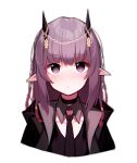  1girl absurdres arknights bangs beudelb blush braid demon_horns ears_down eyebrows_visible_through_hair highres horn_ornament horns jacket lava_(arknights) lava_the_purgatory_(arknights) long_hair necktie open_clothes open_jacket pointy_ears purple_eyes purple_hair simple_background solo upper_body white_background 