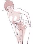  1girl amido_(compassion273) bangs bare_shoulders bent_over blush breasts brown_hair cleavage closed_mouth collarbone commentary danganronpa_(series) danganronpa_2:_goodbye_despair genderswap genderswap_(mtf) hand_on_own_ass hand_on_own_thigh highres hinata_hajime large_breasts limited_palette looking_down naked_towel pale_skin shirt short_hair simple_background solo towel wet wet_hair white_background 