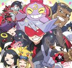  2girls 3boys ahoge bangs baseball_cap bettie_(pokemon) black_hair black_shirt blonde_hair blue_eyes blunt_bangs blush_stickers cheren_(pokemon) closed_mouth coat commentary_request dated donphan eyewear_on_head gen_1_pokemon gen_2_pokemon gen_4_pokemon gen_5_pokemon gen_6_pokemon gloves grey_eyes grey_hair grin hat holding honchkrow hoopa hoopa_(confined) jewelry krookodile lear_(pokemon) long_sleeves looking_at_viewer multiple_boys multiple_girls mythical_pokemon necktie nibo_(att_130) on_head one_eye_closed pikachu pokemon pokemon_(creature) pokemon_(game) pokemon_bw2 pokemon_masters_ex pokemon_on_head purple_hair rachel_(pokemon) red_eyes red_neckwear ring sawyer_(pokemon_masters_ex) shirt short_hair smile spiked_hair staraptor sunglasses teeth umbreon v white_shirt 