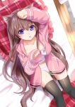  1girl :p animal_ear_fluff animal_ears arm_up bangs black_legwear breasts brown_hair cat_ears cat_girl cat_tail cleavage closed_mouth collarbone commentary_request drawstring dutch_angle eyebrows_visible_through_hair frilled_pillow frills hair_between_eyes hand_up hood hood_down hooded_jacket jacket long_hair long_sleeves looking_at_viewer lying medium_breasts on_back original panties pillow pink_jacket plaid_pillow puffy_long_sleeves puffy_sleeves purple_eyes revision romaji_commentary sleeves_past_wrists smile solo tail thighhighs tongue tongue_out tukino_neru underwear very_long_hair white_panties 