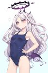  1girl bangs bare_shoulders blue_archive blush breasts closed_mouth collarbone halo highres hina_(blue_archive) horns long_hair moisture_(chichi) navel one-piece_swimsuit parted_bangs purple_eyes school_swimsuit silver_hair simple_background small_breasts solo swimsuit wings 