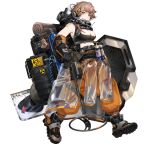  1girl ahoge backpack bag bandaid bandaid_on_arm bandaid_on_stomach bare_shoulders bedroll biohazard_symbol boots breasts brown_eyes brown_hair cleavage clothes_around_waist full_body gas_mask girls&#039;_frontline girls&#039;_frontline_neural_cloud gloves hair_ornament highres large_breasts mask mask_removed metal_detector midriff navel official_art orange_pants oxygen_tank pants radiation_symbol see-through see-through_jacket shield short_hair solo stuffed_animal stuffed_toy tank_top teddy_bear transparent_background zion_(girls&#039;_frontline_nc) 