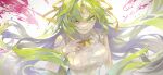  1girl absurdres angry blurry breasts clenched_teeth commentary floating_hair furious green_eyes green_hair hair_ribbon hand_up highres higurashi_no_naku_koro_ni kyusoukyu large_breasts long_hair looking_at_viewer parted_lips ribbed_sweater ribbon sleeveless sleeveless_sweater sleeveless_turtleneck solo sonozaki_shion sweater symbol-only_commentary teeth turtleneck turtleneck_sweater upper_body v-shaped_eyebrows very_long_hair white_background white_sweater wristband yellow_ribbon 