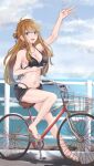  1girl absurdres ahoge bangs bicycle bikini black_bikini blue_eyes breasts brown_hair cellphone cleavage earrings full_body ground_vehicle highres holding holding_phone idolmaster idolmaster_million_live! izuminnu jewelry legs long_hair looking_at_viewer medium_breasts nail_polish navel necklace ocean open_mouth phone riding_bicycle road sandals shorts sketch smartphone smile solo swept_bangs swimsuit swimsuit_under_clothes toenail_polish toenails tokoro_megumi waving 