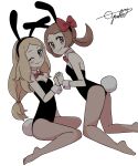  2girls alternate_costume animal_ears black_hairband black_leotard blonde_hair blush bow bowtie breasts cleavage closed_mouth commentary detached_collar eyelashes hair_tie hairband highres holding_hands kneeling leotard long_hair looking_at_viewer lyra_(pokemon) multiple_girls one_eye_closed pantyhose playboy_bunny pokemon pokemon_(game) pokemon_hgss pokemon_xy rabbit_ears rabbit_tail red_bow red_neckwear serena_(pokemon) signature simple_background sitting smile split_mouth strapless strapless_leotard tail tied_hair tsuki_minto white_background wrist_cuffs 
