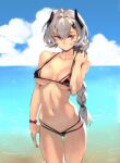  1girl ahoge artist_name bangs bare_shoulders beach bikini black_bikini blue_sky braid braided_ponytail breasts breasts_apart cloud collarbone commentary cowboy_shot day dot_mouth english_commentary hair_between_eyes hand_on_own_shoulder headgear indie_virtual_youtuber long_hair medium_breasts navel ocean optionaltypo outdoors red_eyes saruei_(vtuber) scar scar_across_eye silver_hair single_braid sky solo stomach swimsuit thigh_gap very_long_hair virtual_youtuber wet 