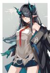  1girl arknights armpits bangs bare_shoulders black_hair closed_mouth dusk_(arknights) green_hair hair_over_one_eye highres horns idashige_(walkietalkie) jacket long_hair multicolored_hair necktie off_shoulder pointy_ears red_eyes sleeveless solo streaked_hair 