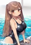  1girl bangs bare_arms bare_shoulders black_swimsuit blunt_bangs blush breasts brown_eyes brown_hair cleavage closed_mouth collarbone commentary_request cowboy_shot eyebrows_visible_through_hair highres kodama_(sakura_yuki) large_breasts long_hair looking_at_viewer one-piece_swimsuit original ponytail sakura_yuki_(clochette) sidelocks solo standing swimsuit very_long_hair wading water wet wet_clothes wet_swimsuit 
