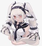 1girl azur_lane black_neckwear black_sailor_collar bow_dress breasts dress feather_dress formidable_(azur_lane) formidable_(timeless_classics)_(azur_lane) hair_ornament highres holding holding_hair looking_at_viewer medium_breasts mikako official_alternate_costume platinum_blonde_hair red_eyes sailor_collar simple_background sleeveless sleeveless_dress solo twintails two-tone_dress two-tone_ribbon upper_body white_background white_dress 