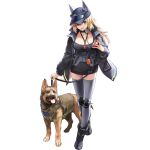  1girl animal_ears baseball_cap blonde_hair blue_eyes boots breasts camouflage_print can cleavage dog dog_ears dog_food dress eyewear_on_head fangs full_body girls&#039;_frontline girls&#039;_frontline_neural_cloud hat highres jacket joints large_breasts leash long_hair looking_at_viewer m500_(girls&#039;_frontline) mechanical_legs official_art one_eye_closed open_clothes open_jacket open_mouth robot_joints smile solo sunglasses thighhighs transparent_background whistle whistle_around_neck zettai_ryouiki 
