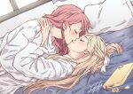  2girls aiiro_bokujuu bang_dream! blonde_hair cellphone chinese_commentary closed_eyes commentary dutch_angle girl_on_top hand_on_another&#039;s_shoulder highres kiss lying maruyama_aya multiple_girls on_back on_bed phone pink_hair shirasagi_chisato shirt signature smartphone yuri 