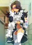  1girl apron bangs black_dress black_hair blurry blurry_background blush clothes_lift commentary depth_of_field dress dress_lift feet_out_of_frame frills garter_straps hair_over_one_eye jcm2 lifted_by_self long_hair maid maid_apron maid_headdress makeup mascara panties sideways_glance skindentation solo tan taylor_(the_loud_house) the_loud_house thighhighs underwear white_apron white_legwear 