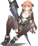  1girl ankle_boots arknights arm_support bagpipe_(arknights) bangs black_bra black_footwear black_gloves black_legwear blush boots bra breasts cleavage closed_mouth commentary_request dragon_horns ekuesu eyebrows_visible_through_hair full_body gloves green_jacket gunlance highres horns jacket knees_up lance large_breasts long_hair long_sleeves looking_at_viewer miniskirt orange_hair plaid plaid_skirt polearm pouch purple_eyes red_skirt shirt simple_background sitting skirt solo thighhighs torn_clothes torn_legwear torn_shirt underwear very_long_hair weapon white_background white_shirt zettai_ryouiki 