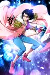  1girl bangs black_hair boots breasts capelet denim full_body glasses gloves jacket katana official_art one_piece pants sheath standing sword tashigi tied_hair weapon 