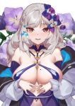  1girl absurdres bare_shoulders blush bow_hair_ornament breasts cleavage collarbone detached_sleeves dress eyebrows_visible_through_hair flower highres large_breasts long_hair looking_at_viewer navel nox13 original red_eyes silver_hair smile upper_body 