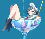  1girl air_bubble anchor_symbol aqua_background black_footwear black_hair boots breasts bubble cup dated drinking_glass eyebrows_visible_through_hair full_body green_eyes green_sailor_collar hat highres hishaku in_container in_cup knees_up looking_at_viewer lying medium_breasts midriff_peek minigirl murasa_minamitsu neckerchief noumin_joemanyodw on_back orb parted_lips red_neckwear sailor sailor_collar sailor_hat shirt short_hair short_sleeves shorts signature simple_background smile solo touhou water white_shirt white_shorts 