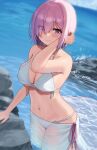  1girl ayul_(ayulneri_92) bangs bare_shoulders bikini blush breasts cleavage collarbone commentary eyebrows_visible_through_hair eyes_visible_through_hair fate/grand_order fate_(series) hair_over_one_eye highres large_breasts light_purple_hair looking_at_viewer mash_kyrielight navel ocean purple_eyes rock sarong short_hair smile solo swimsuit wet white_bikini 